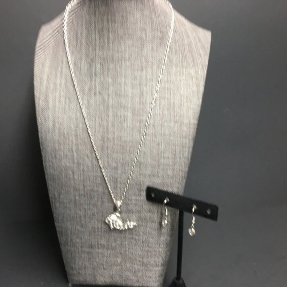 Whale Necklace Earrings 19 In Rhinestone Silver Dangle Pierced Bling Glam Preppy